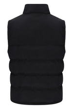 A black sleeveless puffer vest with horizontal quilting and a high stand-up collar, shown from the back on a plain white background.