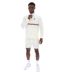 Displays a model wearing the Gardenia 'FILA' branded Rolando 1/4 Zip Neck Sweatshirt