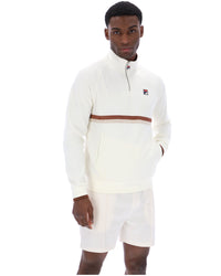 Displays a model wearing the Gardenia 'FILA' branded Rolando 1/4 Zip Neck Sweatshirt