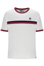 White t-shirt with red and blue stripes on a white background