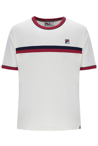 White t-shirt with red and blue stripes on a white background