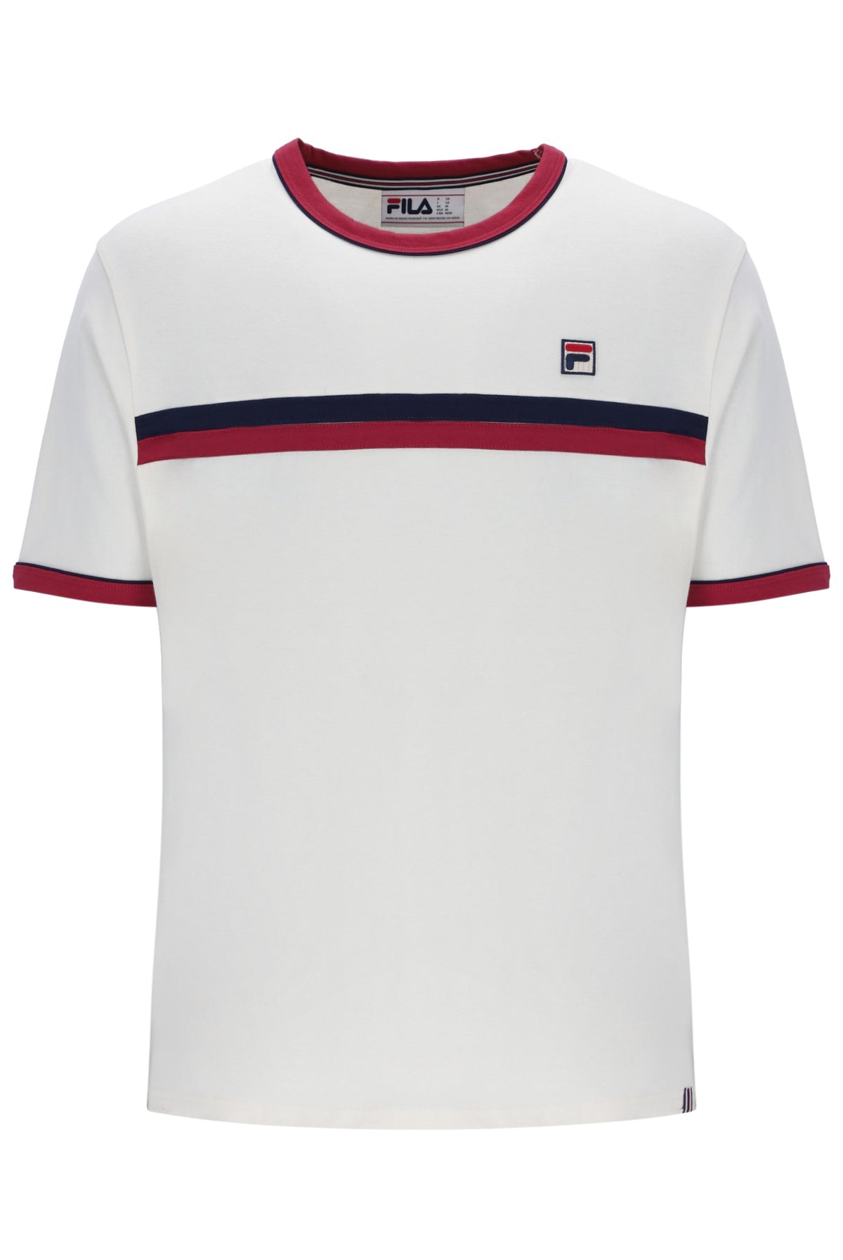 White t-shirt with red and blue stripes on a white background
