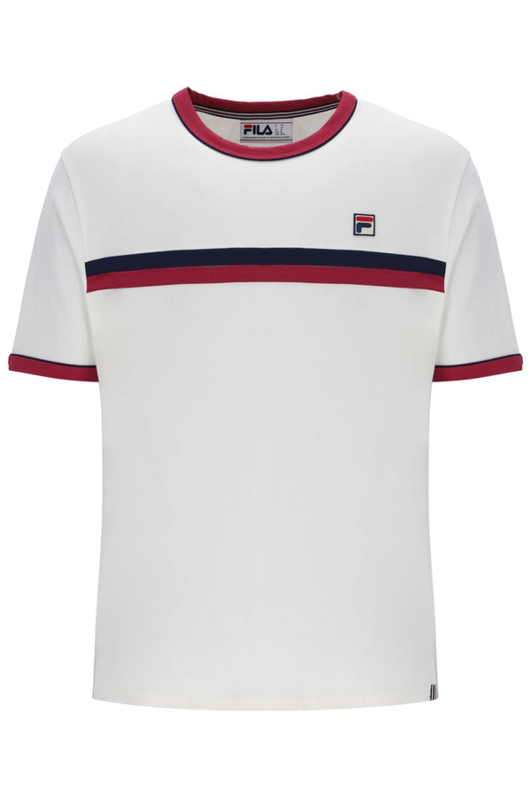 White t-shirt with red and blue stripes on a white background