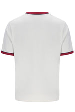 White t-shirt with red trim on a white background