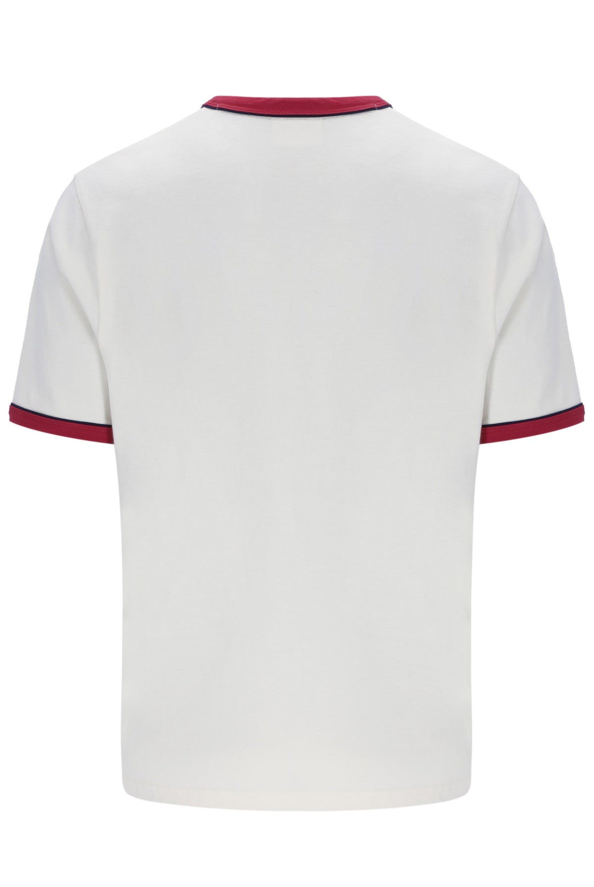 White t-shirt with red trim on a white background
