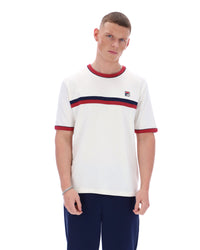 Man wearing a white t-shirt with red and blue stripes and a logo on a white background