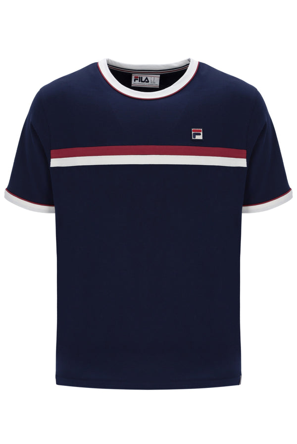 Navy blue t-shirt with red and white stripes on a white background