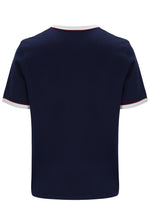 Navy blue t-shirt with white trim on a white background