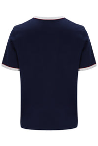 Navy blue t-shirt with white trim on a white background