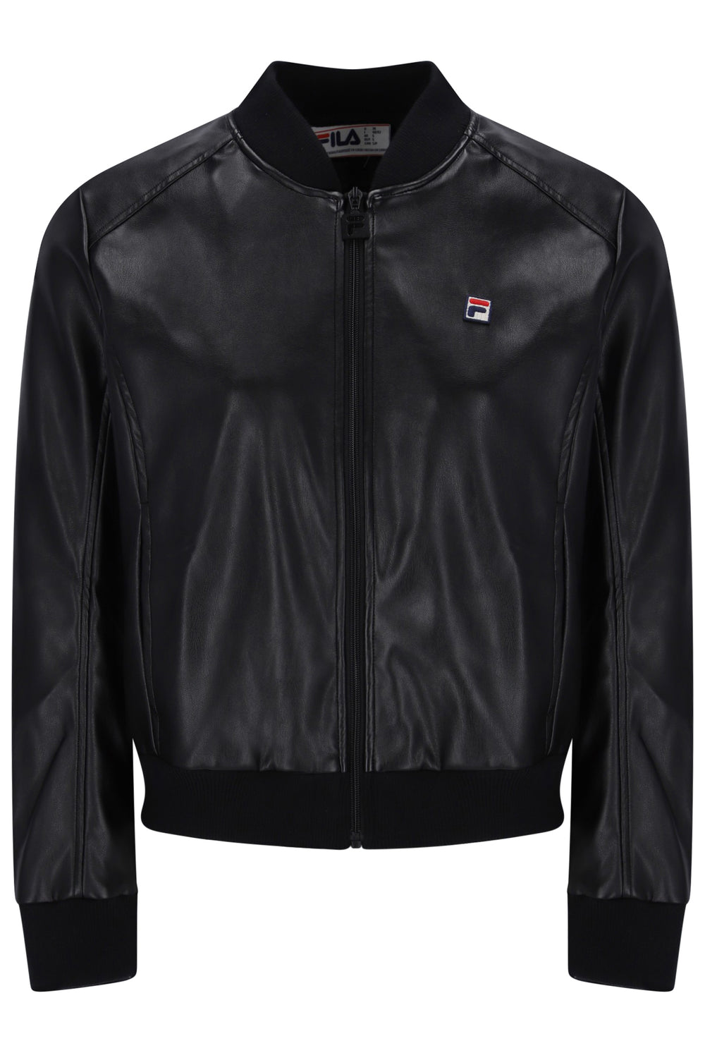 Displays the Black 'FILA' banded Rumor Leatherette Bomber