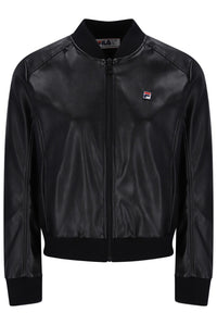 Displays the Black 'FILA' banded Rumor Leatherette Bomber