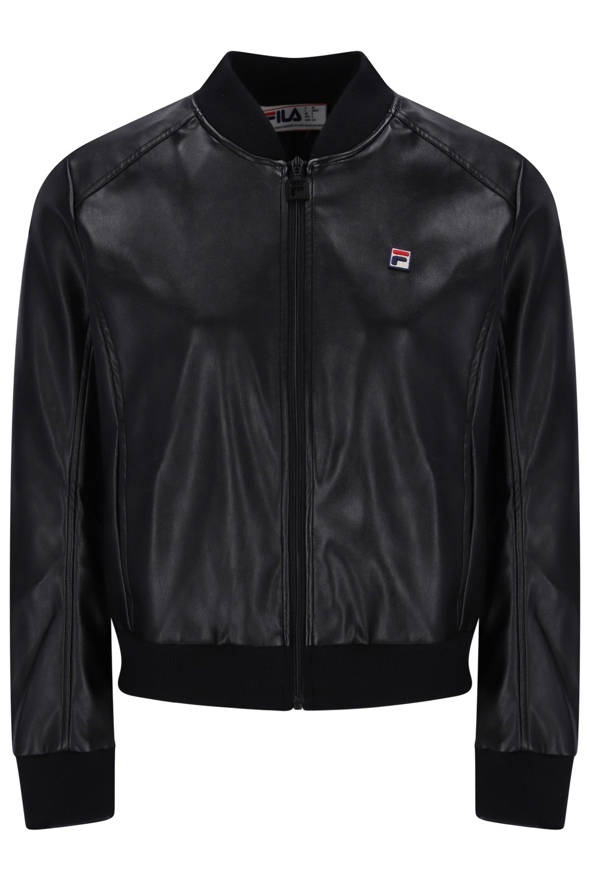 Displays the Black 'FILA' banded Rumor Leatherette Bomber