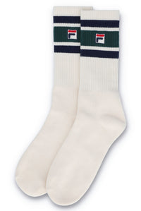 Displays the Russel 'FILA' branded 3-Pack F-Box Heritage Stripe Socks