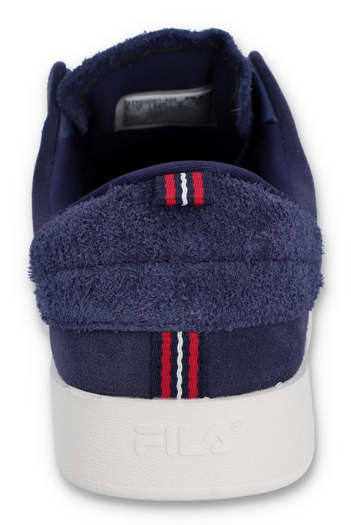 A pair of navy blue suede Festa trainers by FILA, featuring a low-top design and branded with the FILA logo and striped detailing on the heel