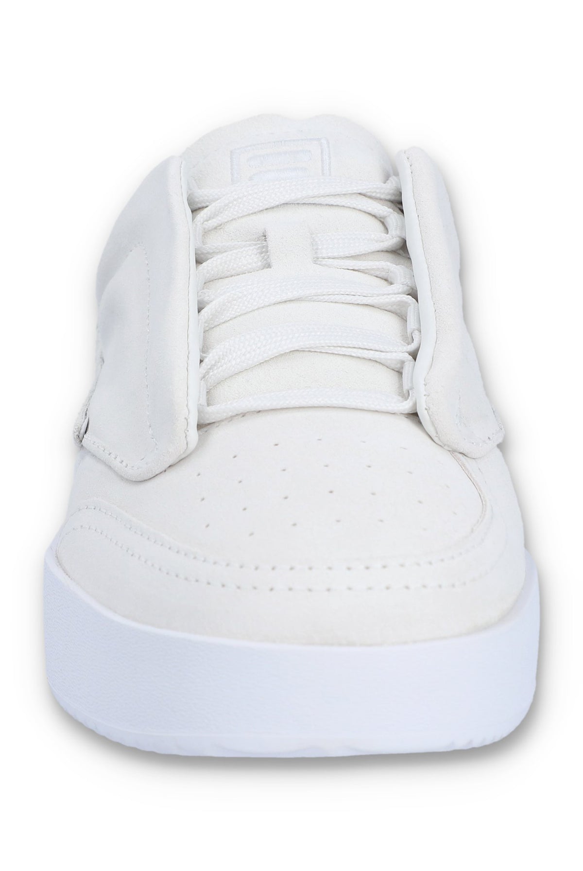 A white suede tennis trainer with low-top design and lace-up closure.