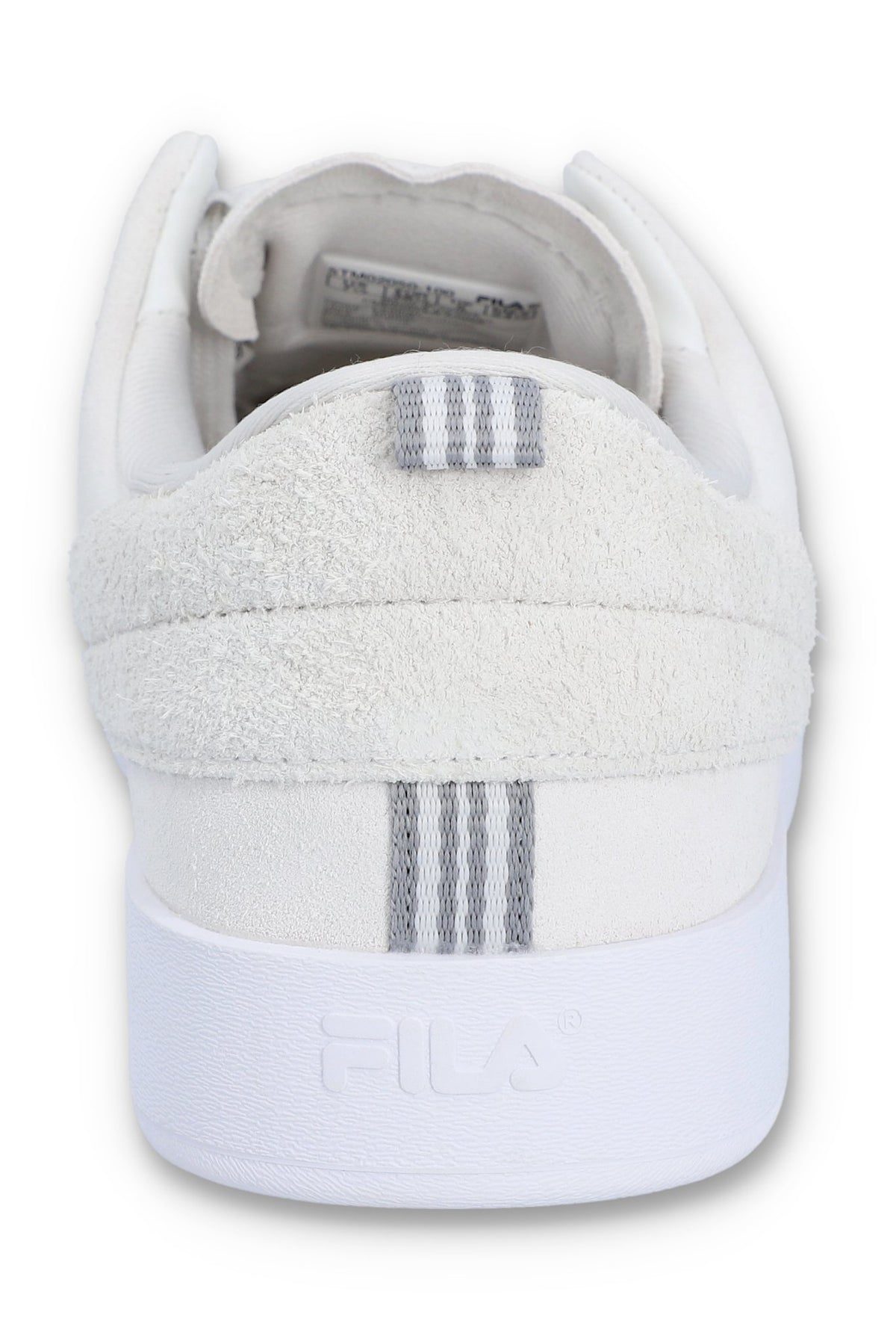 A white suede tennis trainer with low-top design and lace-up closure.