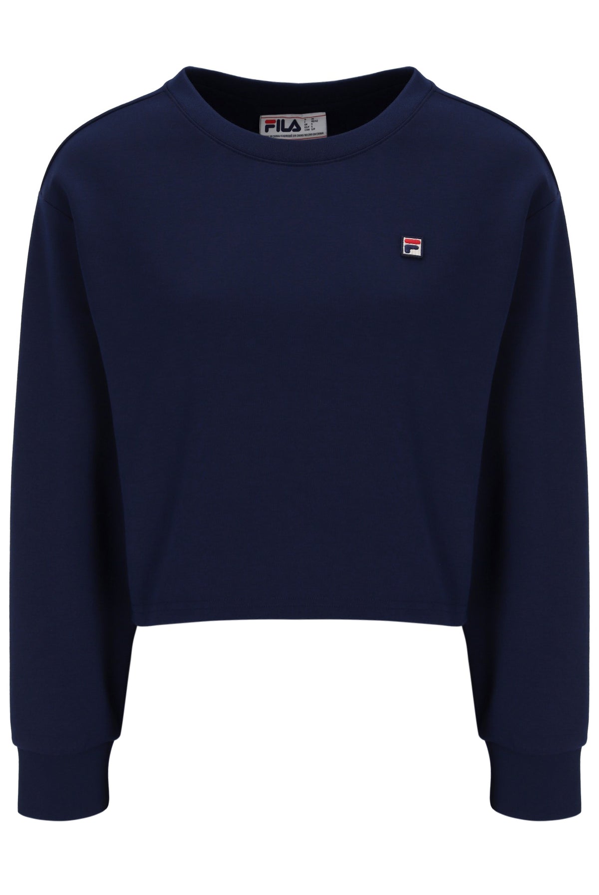 Navy blue sweatshirt with Fila logo on a white background