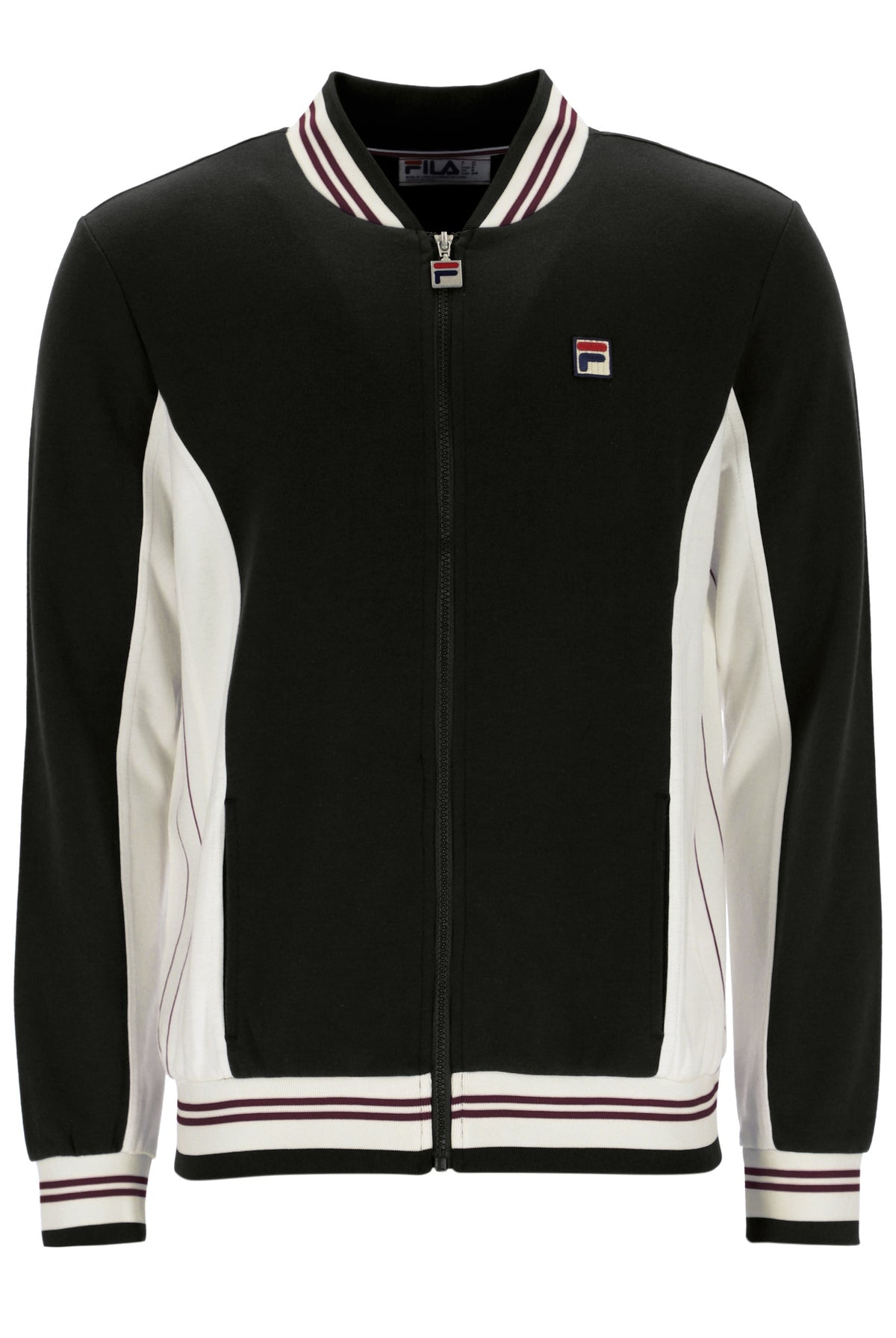 Black and white jacket with a brand logo on a white background