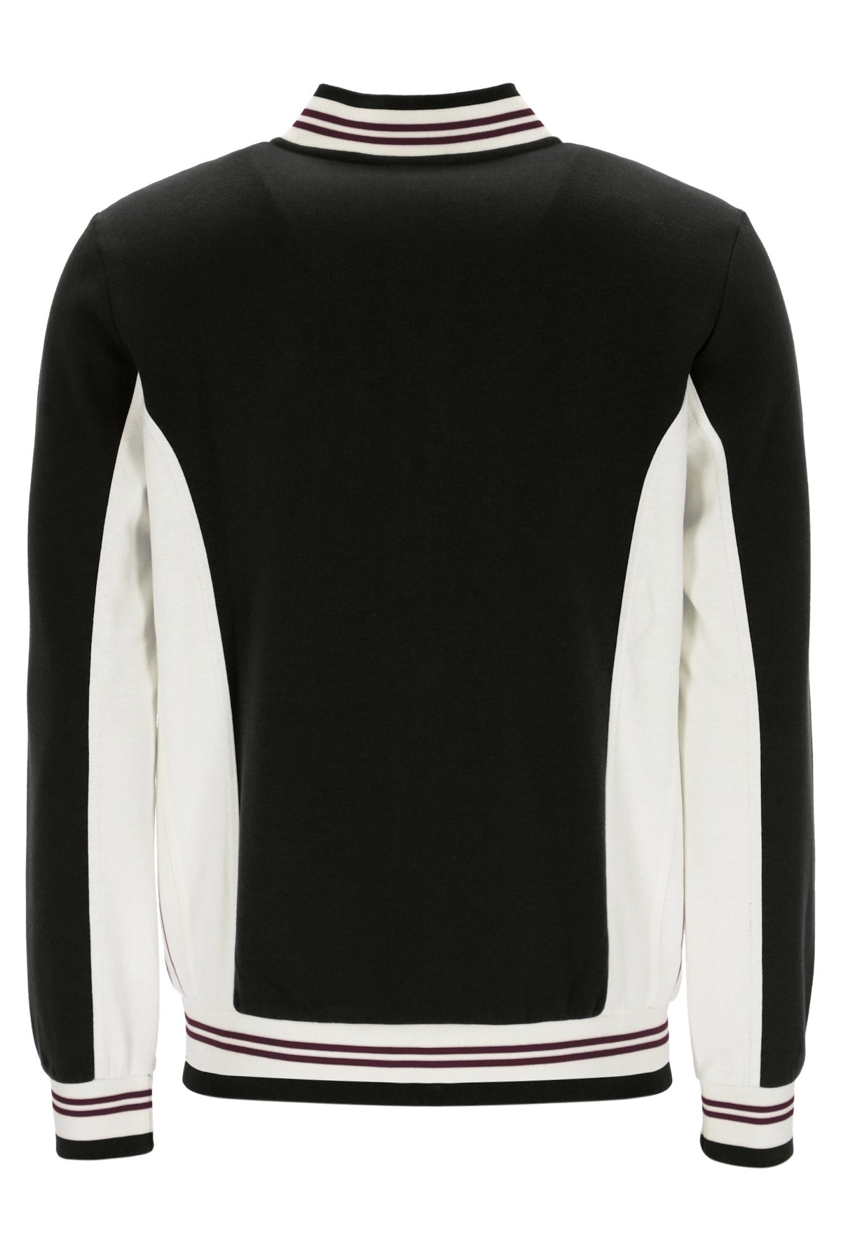 Black and white sweater with striped collar and cuffs on a white background