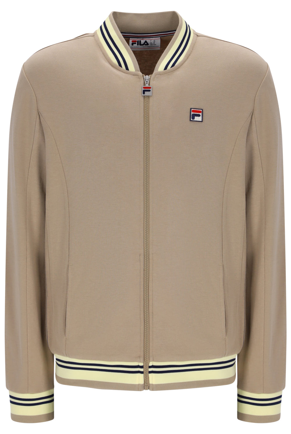 A beige Fila zip-up bomber jacket with cream and navy striped ribbed collar, hem, and cuffs, featuring the Fila logo on the left chest.