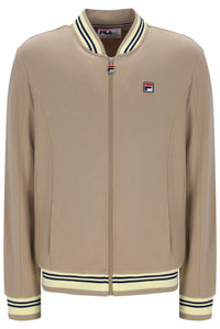 A beige Fila zip-up bomber jacket with cream and navy striped ribbed collar, hem, and cuffs, featuring the Fila logo on the left chest.