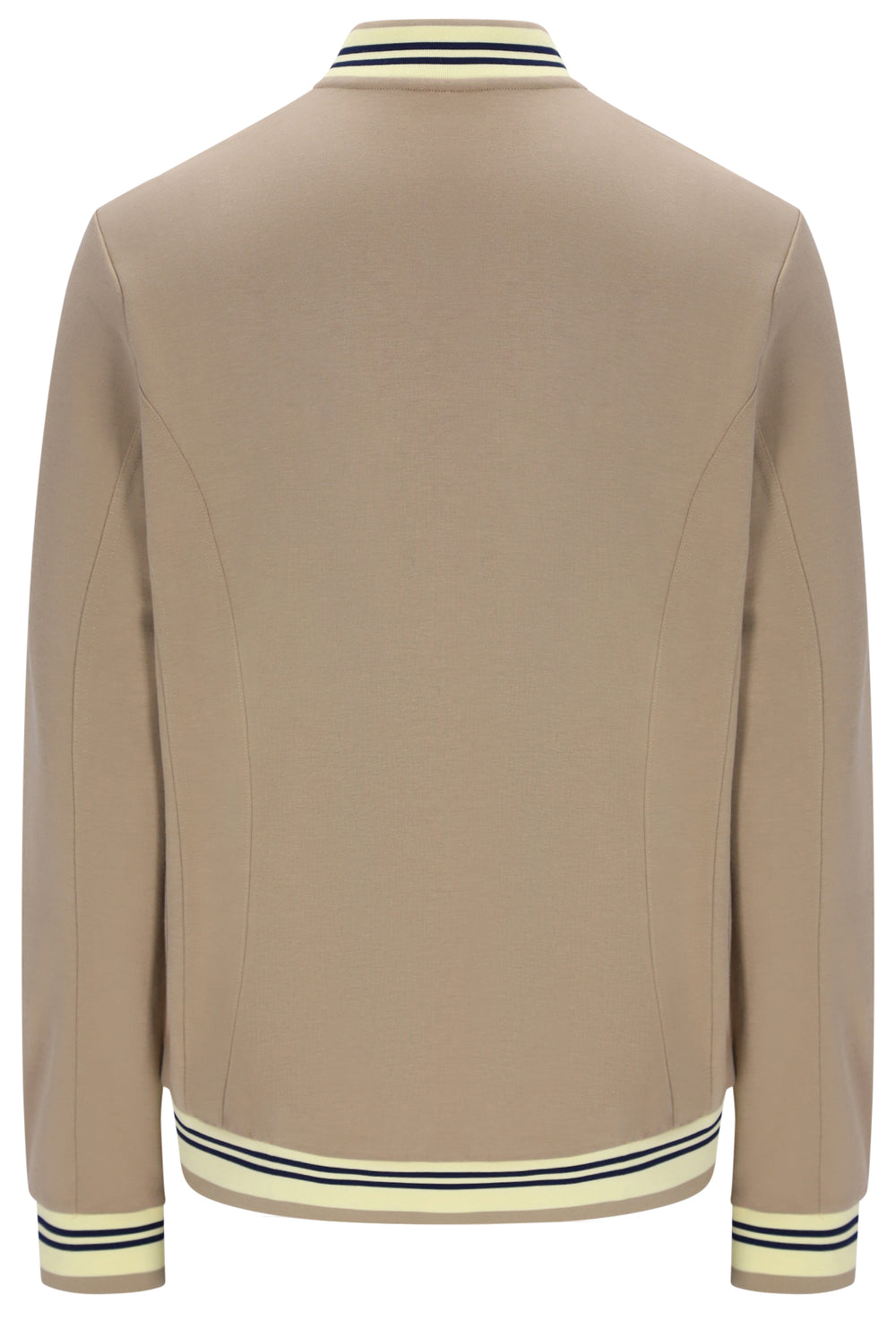 A beige long-sleeve bomber jacket shown from the back, featuring cream ribbed collar, hem, and cuffs with thin navy stripes.