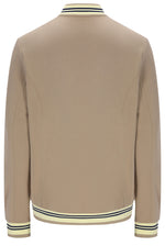 A beige long-sleeve bomber jacket shown from the back, featuring cream ribbed collar, hem, and cuffs with thin navy stripes.