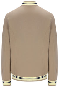 A beige long-sleeve bomber jacket shown from the back, featuring cream ribbed collar, hem, and cuffs with thin navy stripes.