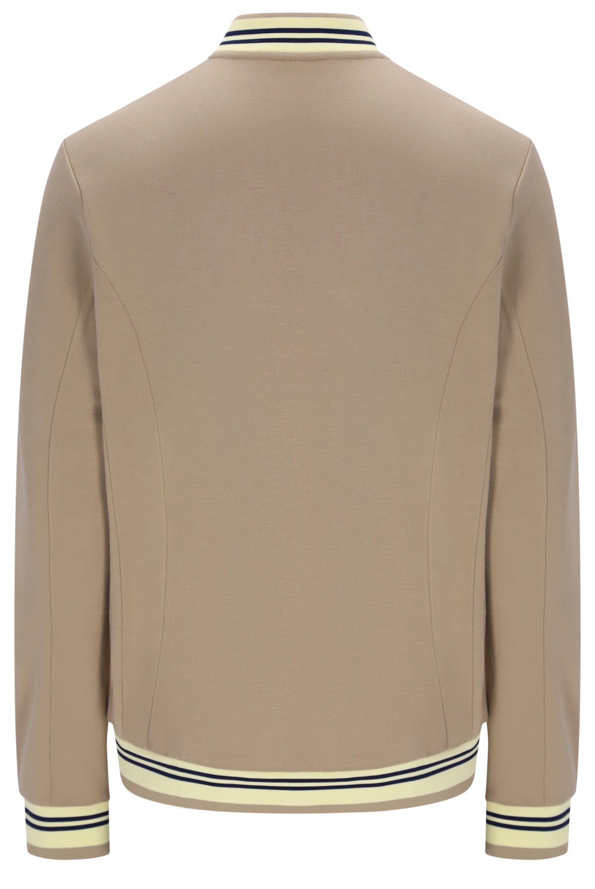 A beige long-sleeve bomber jacket shown from the back, featuring cream ribbed collar, hem, and cuffs with thin navy stripes.