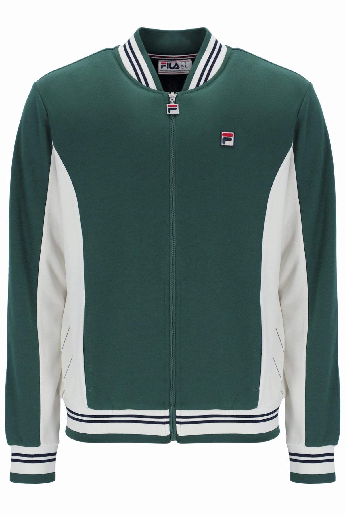 A green and white Fila zip-up track jacket with striped ribbed collar, cuffs, and hem, featuring a small chest logo.