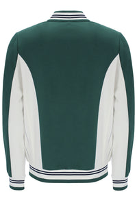 A dark green and white varsity-style jacket shown from the back, featuring striped ribbed collar, cuffs, and hem.