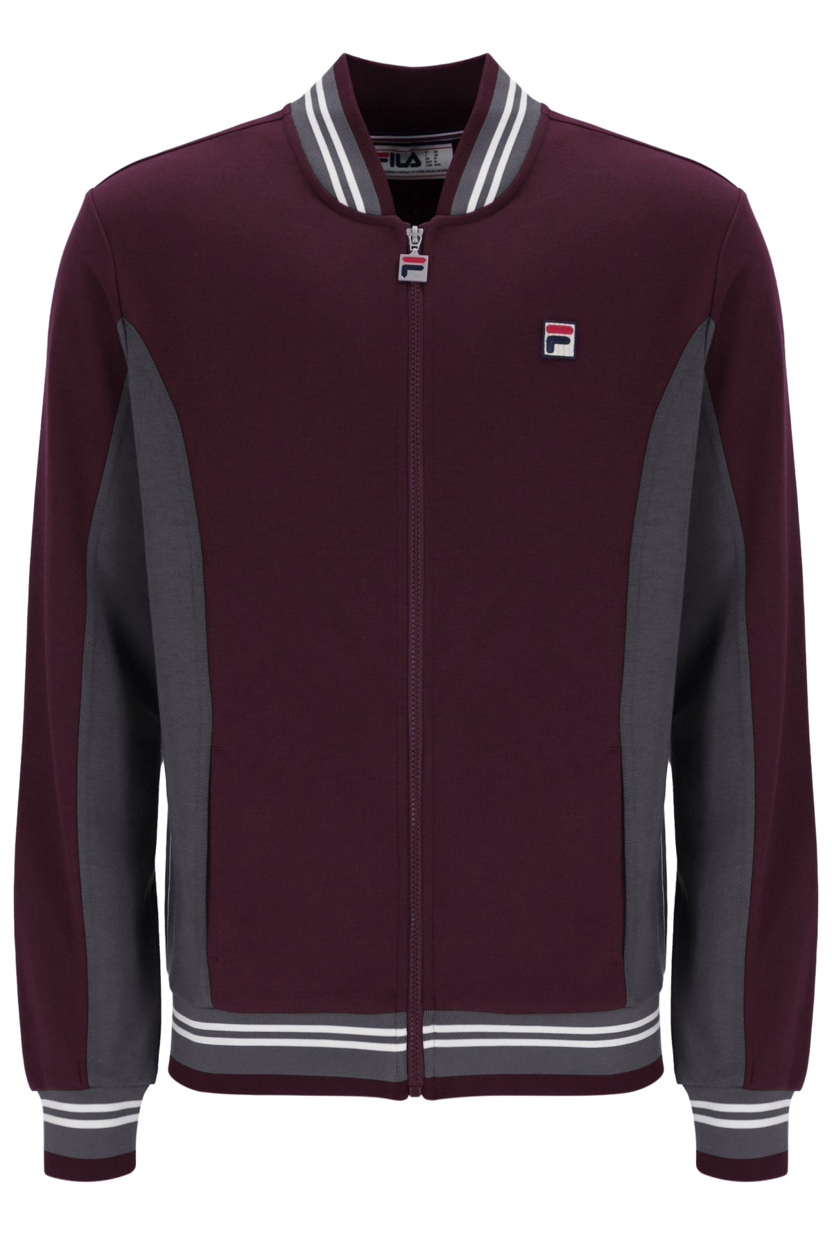 A Fila zip-up jacket in maroon with dark gray colorblock panels on the sides and sleeves, featuring a striped ribbed collar, hem, and cuffs, and the Fila logo on the chest.