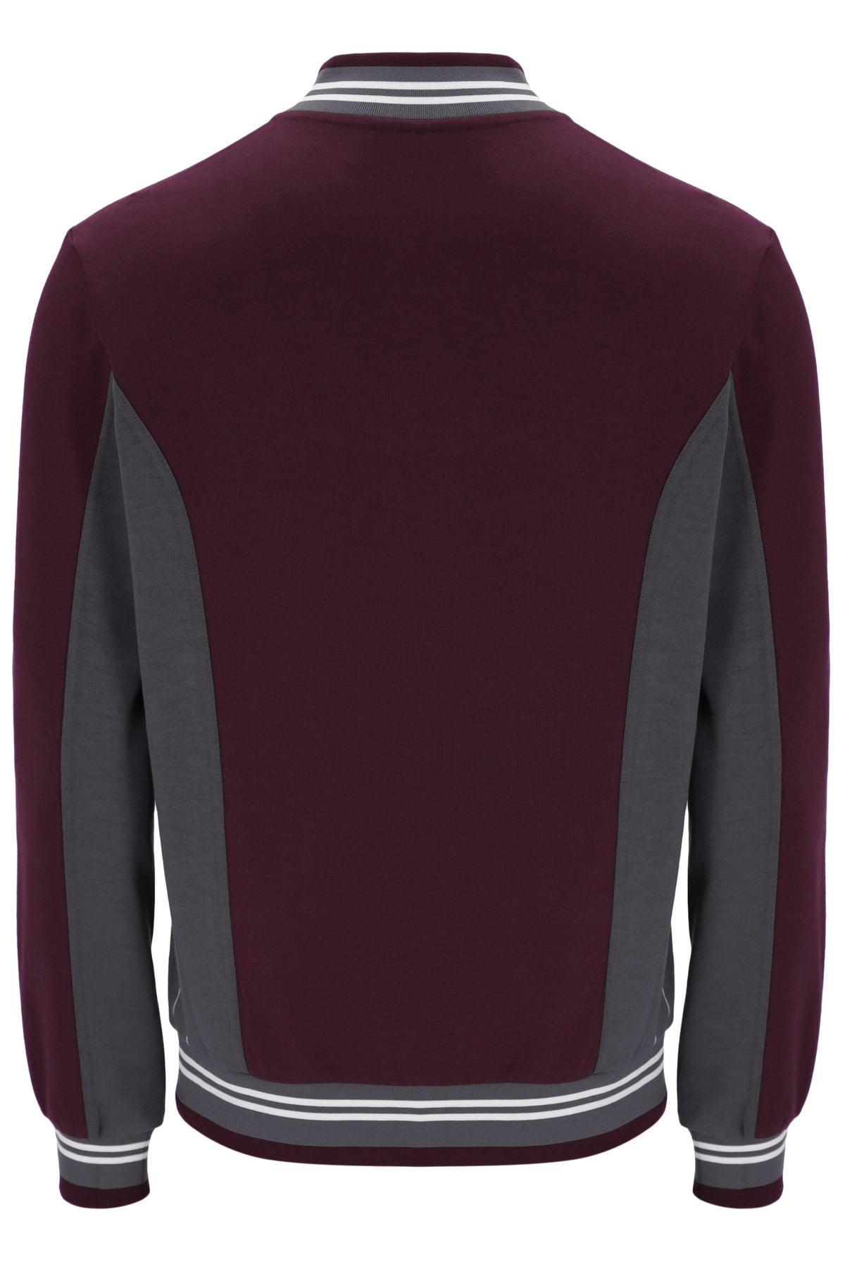A long-sleeve varsity-style jacket shown from the back, featuring a deep burgundy body with dark gray side panels and white striped ribbing on the collar, cuffs, and hem.