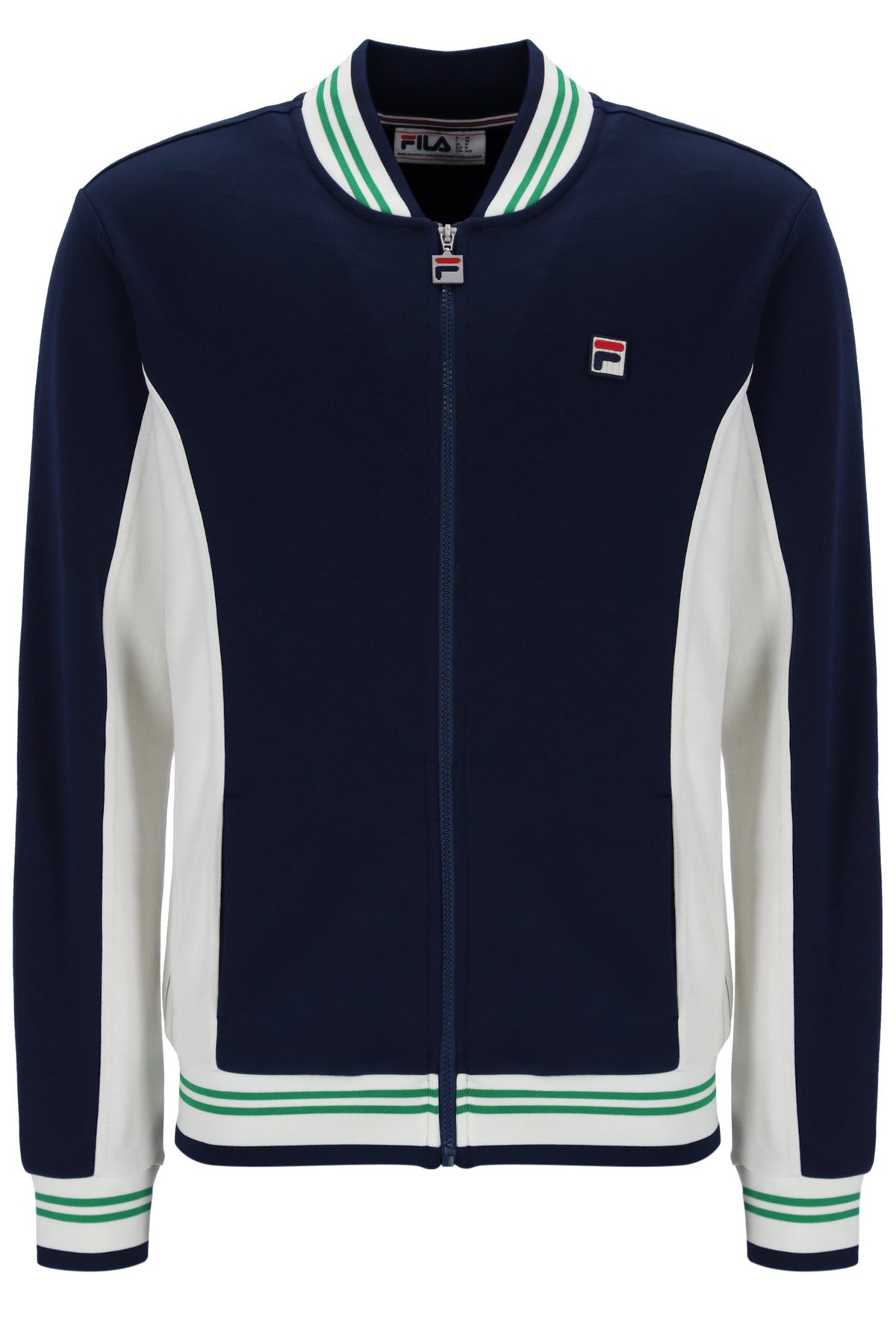 Navy and white track top with a FILA logo on the chest, on a white background