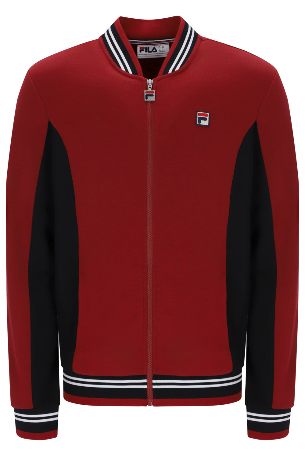 A red and black FILA zip-up track jacket with white and black striped ribbed collar, cuffs, and hem, shown on a plain white background.