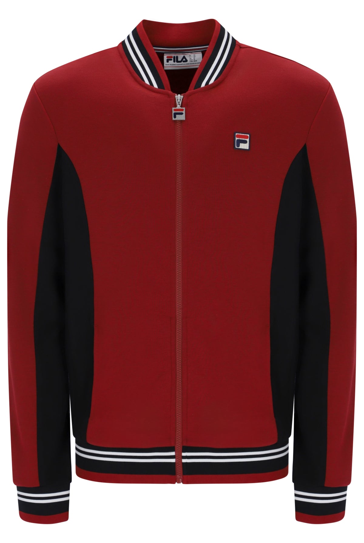 A red and black FILA zip-up track jacket with white and black striped ribbed collar, cuffs, and hem, shown on a plain white background.