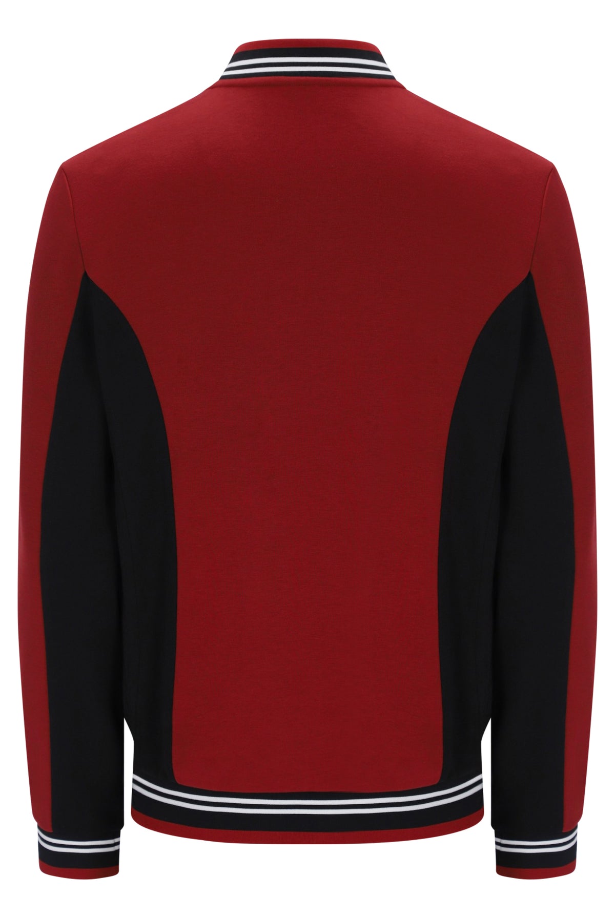 A red and black colorblock knit jacket shown from the back, featuring white and black striped ribbing on the collar, cuffs, and hem.