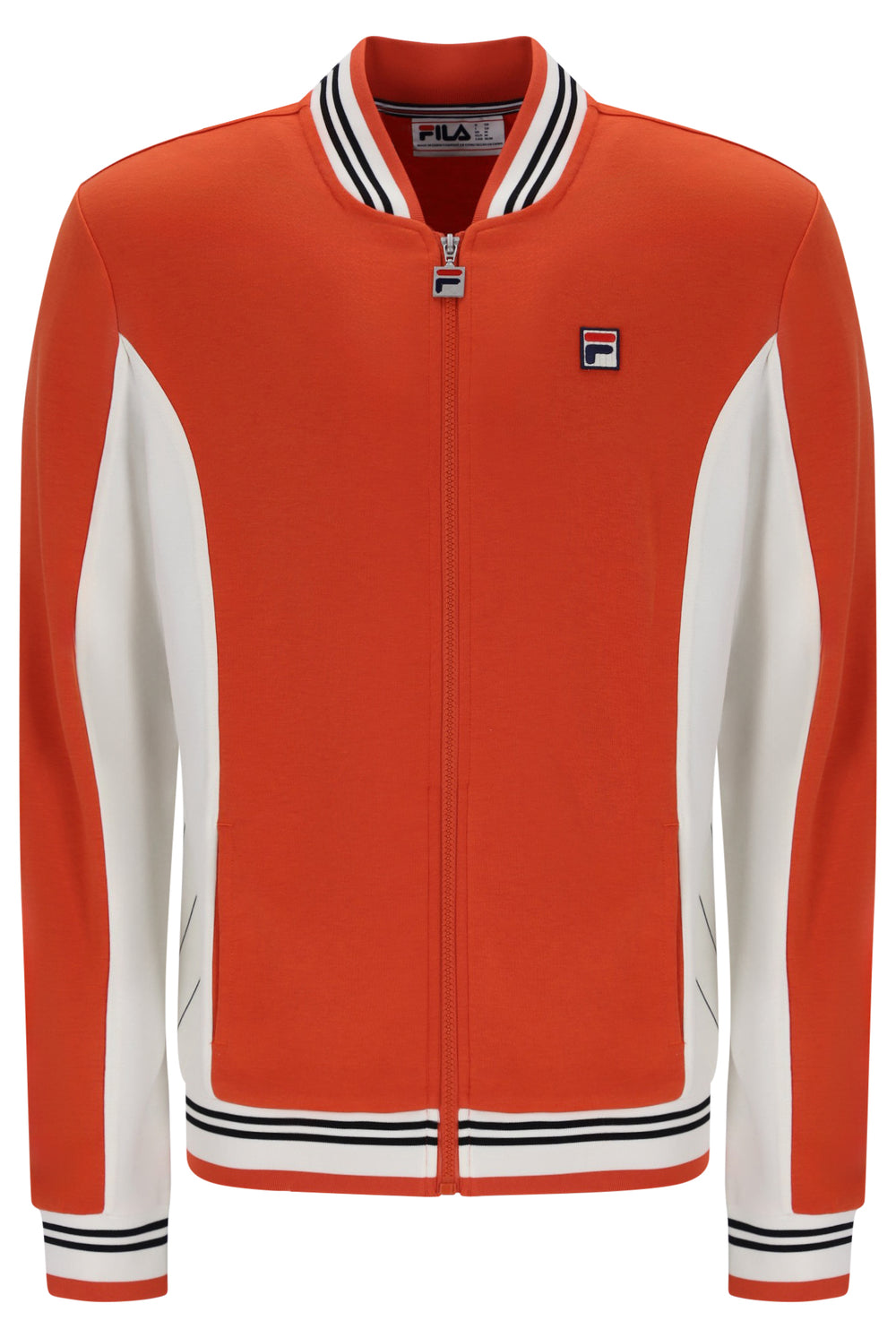 A Fila orange zip-up track jacket with white color-blocked sleeves and collar, featuring black and white striped ribbing on the collar, hem, and cuffs.