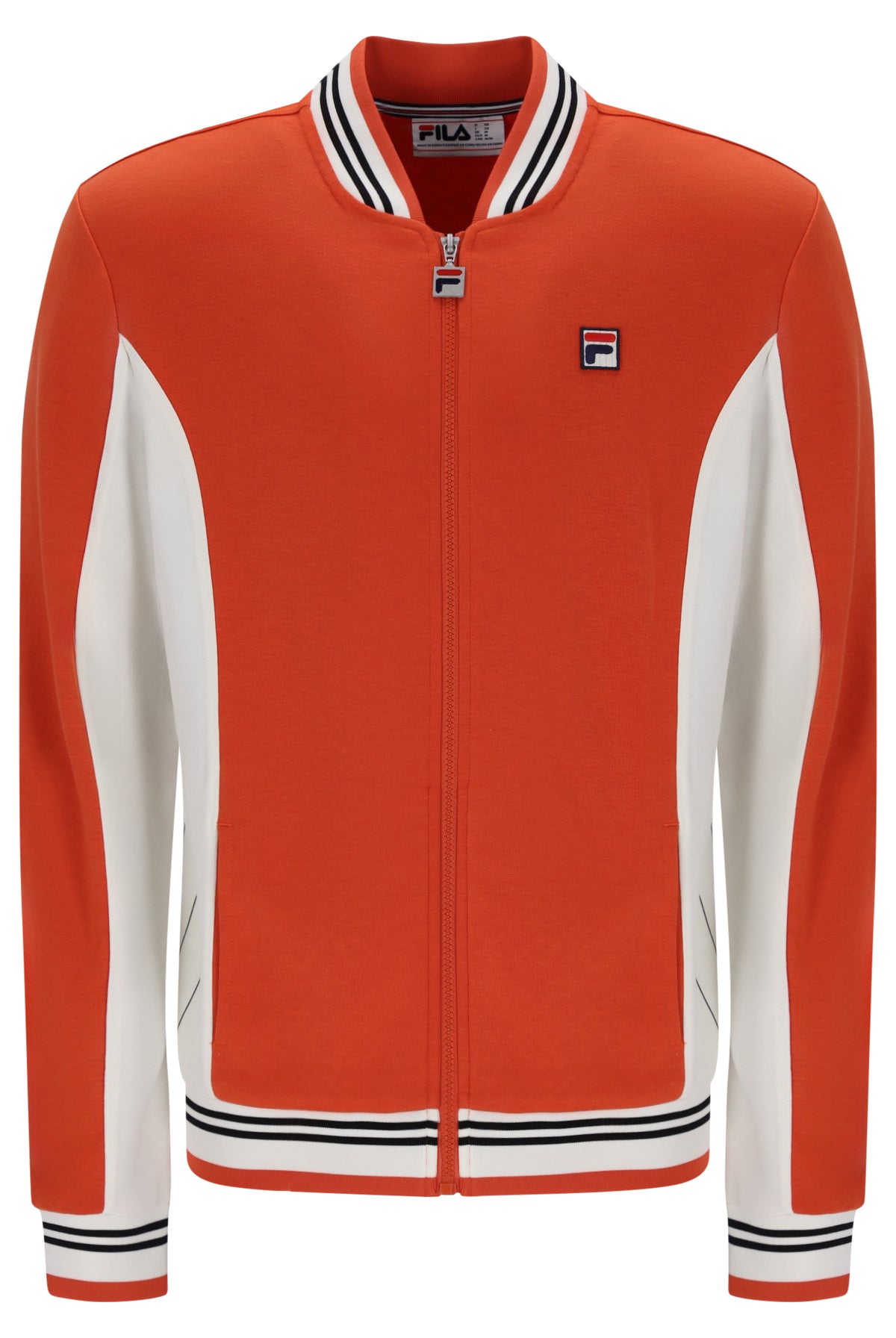 A Fila orange zip-up track jacket with white color-blocked sleeves and collar, featuring black and white striped ribbing on the collar, hem, and cuffs.
