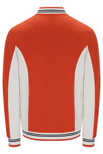 A long-sleeve colorblock jacket shown from the back, featuring a bright orange body, white sleeves, and striped ribbed trim at the collar, cuffs, and hem.