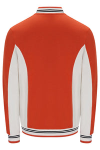 A long-sleeve colorblock jacket shown from the back, featuring a bright orange body, white sleeves, and striped ribbed trim at the collar, cuffs, and hem.