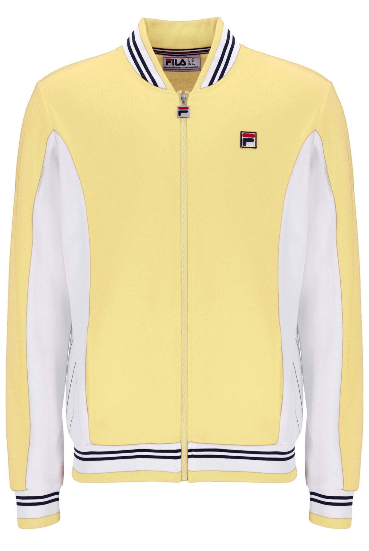 Yellow and white jacket with FILA logo on a white background