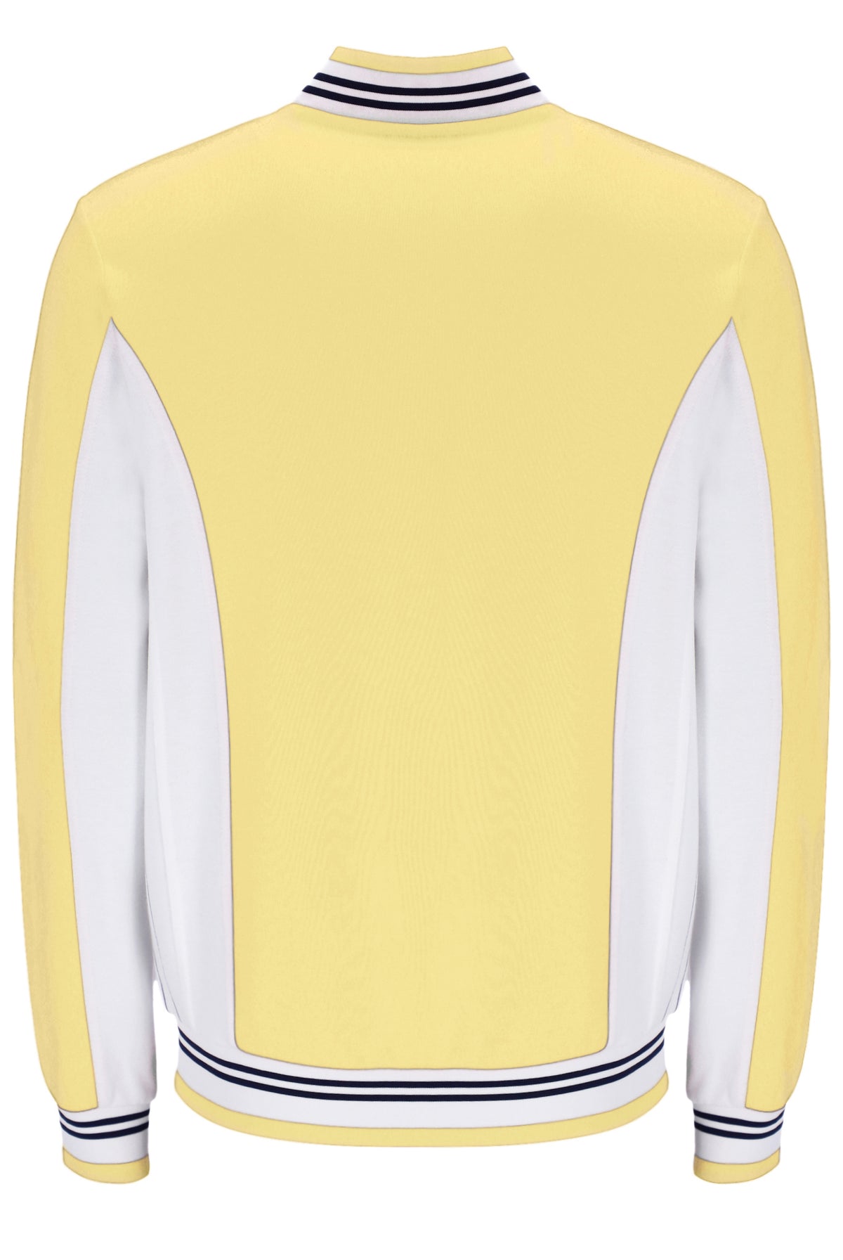 Yellow and white varsity jacket with striped collar on a white background