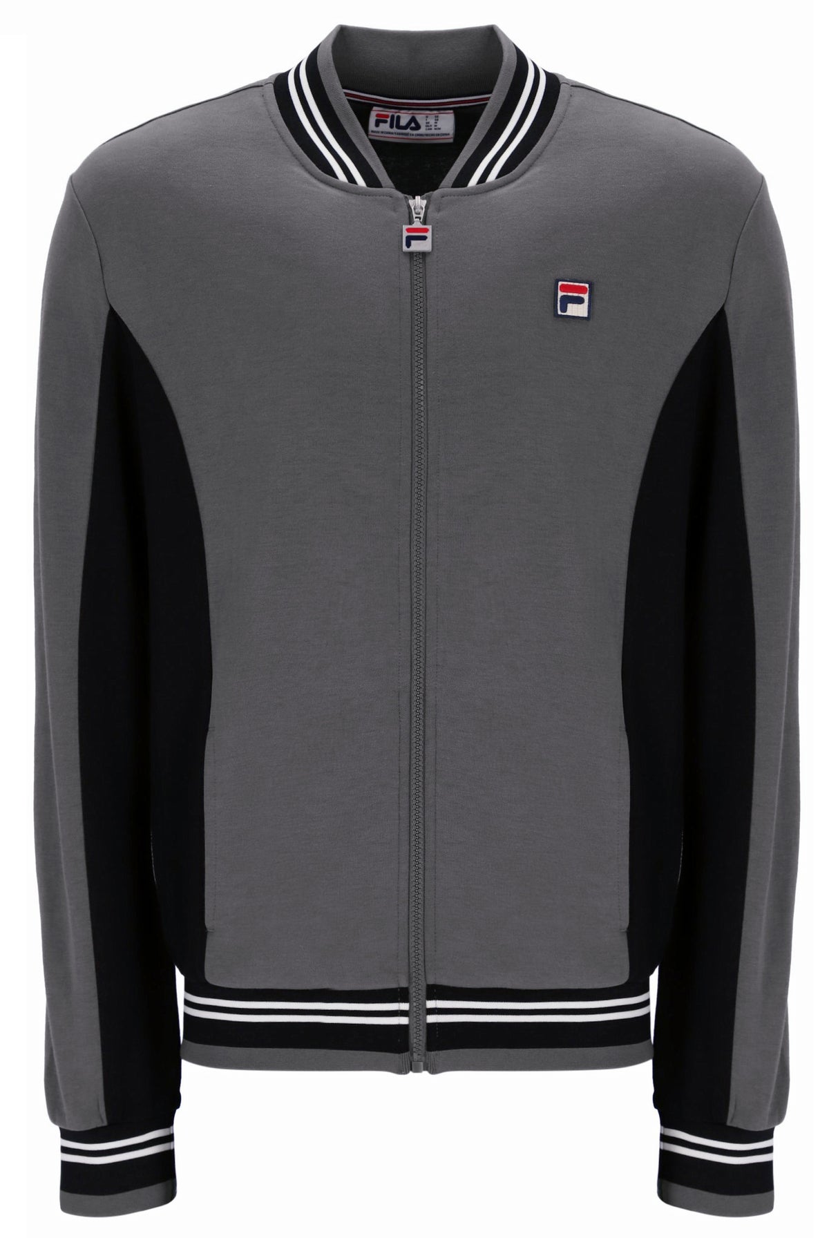 A gray and black Fila zip-up track jacket with white striped ribbing on the collar, hem, and cuffs, and a small Fila logo patch on the left chest.