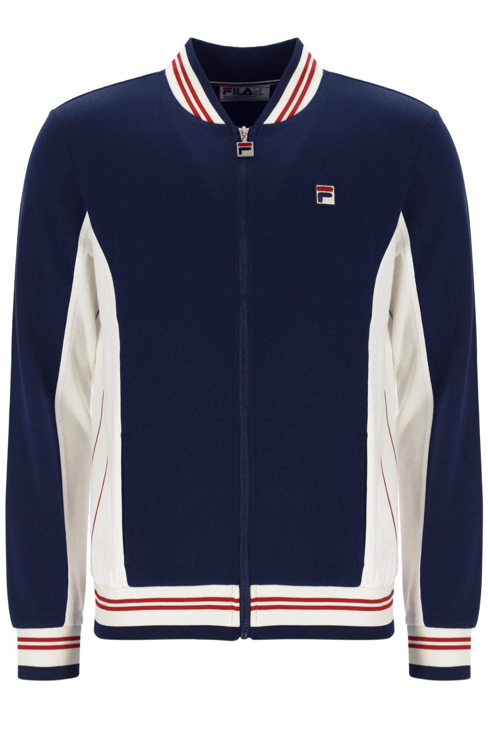 Navy and white jacket with red and white stripes on a white background