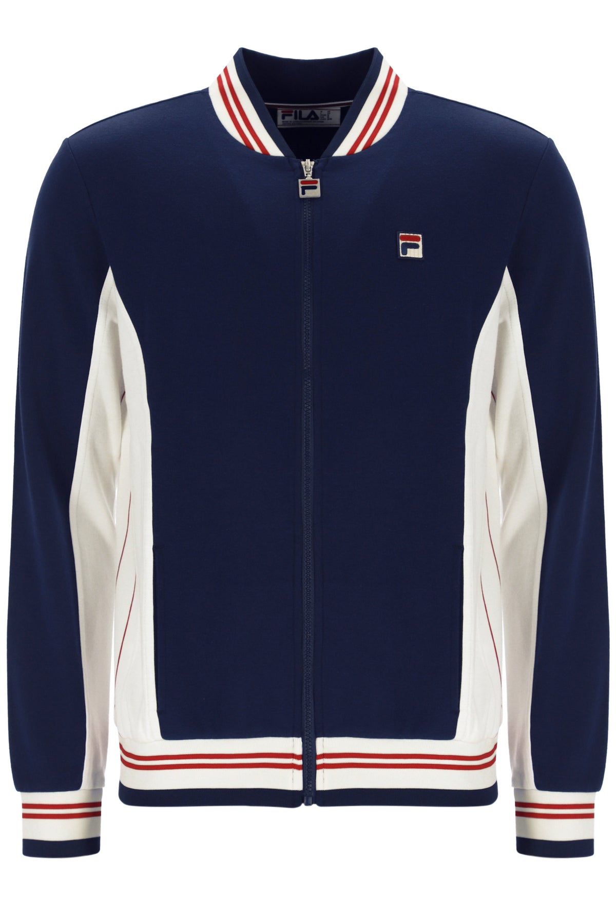 Navy and white jacket with red and white stripes on a white background