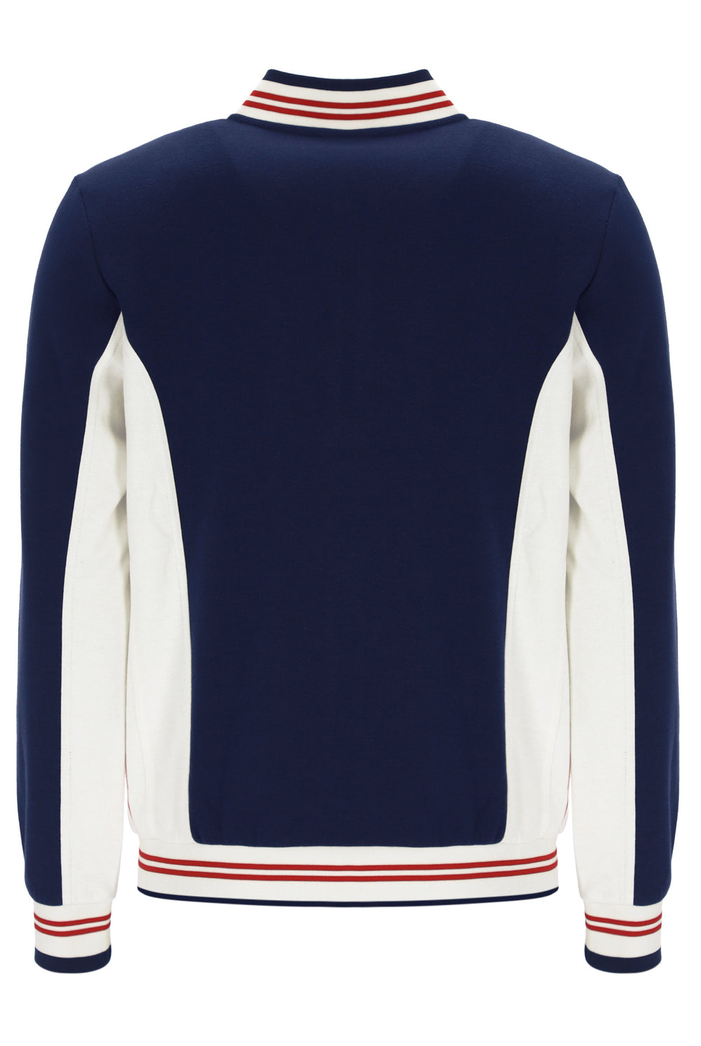 Navy and white sweater with red and white striped trim on a white background