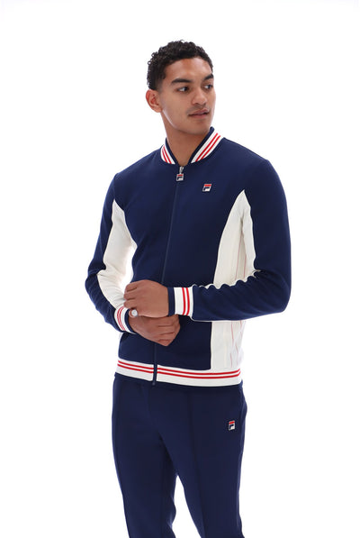 Displays a model wearing the Peacoat 'FILA' branded Settanta Baseball Track Top