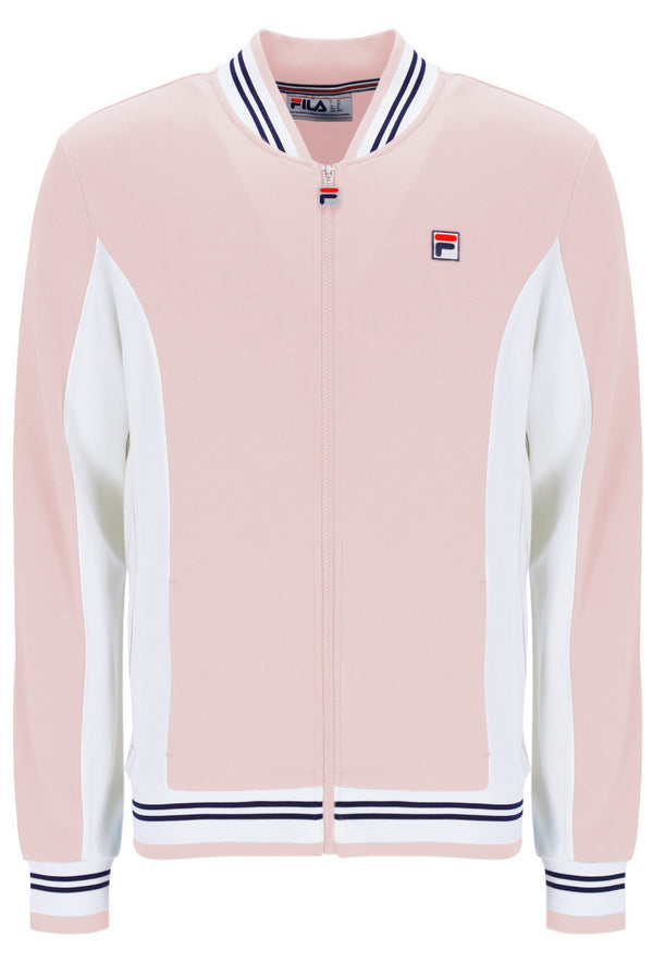Pink jacket with white accents and FILA logo on a white background