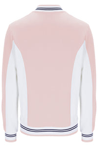 Pink and white varsity jacket with navy trim on a white background